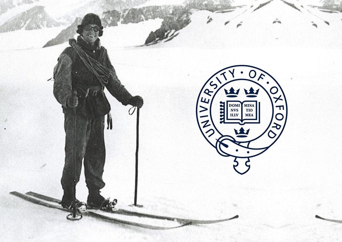 1920s man on skis, University of Oxford badge