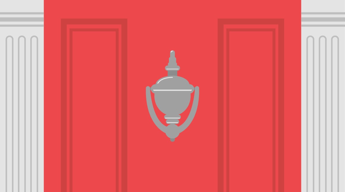 Banner shows a close-up illustration of a red door with a knocker in the centre.