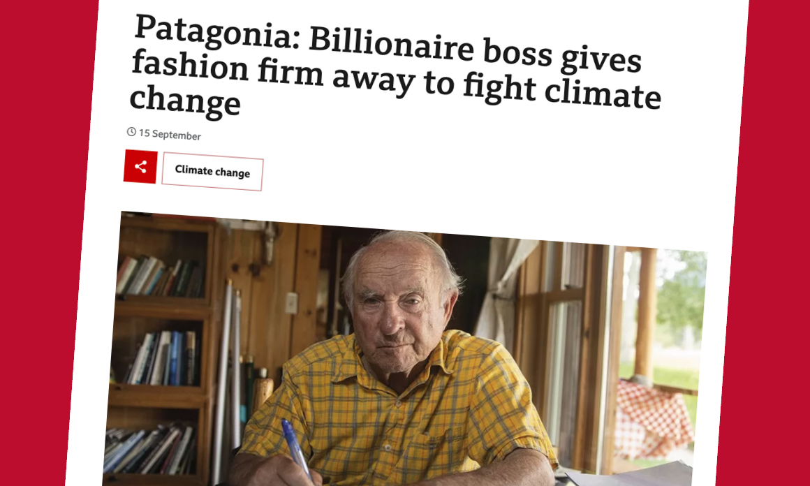 Screenshot of the BBC news announcement of Patagonia's ownership transfer