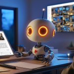 Futuristic office scene featuring a humanoid robot with glowing orange eyes, representing mark-making's new e-tern, working collaboratively at a desk with human colleagues. The robot features the mark-making red asterisk logo on its chest and antenna, symbolising the integration of AI as a creative and strategic tool in the agency's work