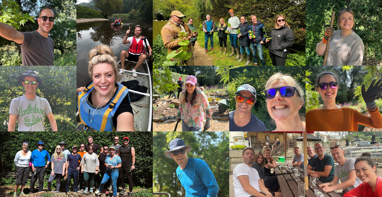 A montage of photos depicting the mark-making* team at a variety of socials. From a day on the river to volunteering at our local National Trust property, Hidcote Manor