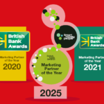 Graphic image depicting the three awards wins from the British Bank Awards for Marketing Partner of the Year, 2020, 2021 and 2025