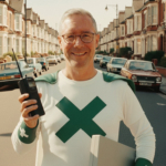 Steve Turner stands smiling in the middle of a residential street lined with British terraced houses, styled as a 1980s Green Cross Code Man-inspired cyber superhero. He wears a white costume with green sleeves featuring a large green 'X' symbol across the chest, and holds a vintage brick mobile phone. The image has a warm, nostalgic 1980s colour grade with parked cars visible along both sides of the street, evoking the era when the Green Cross Code Man appeared on British television teaching road safety.