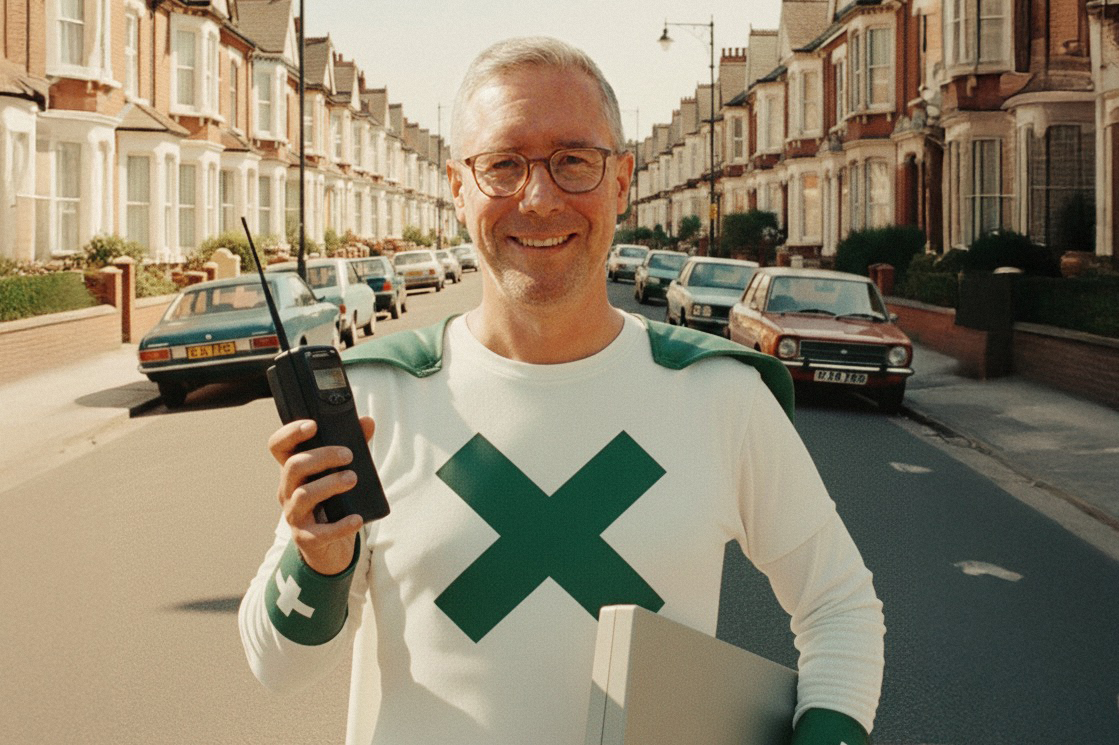 Steve Turner stands smiling in the middle of a residential street lined with British terraced houses, styled as a 1980s Green Cross Code Man-inspired cyber superhero. He wears a white costume with green sleeves featuring a large green 'X' symbol across the chest, and holds a vintage brick mobile phone. The image has a warm, nostalgic 1980s colour grade with parked cars visible along both sides of the street, evoking the era when the Green Cross Code Man appeared on British television teaching road safety.