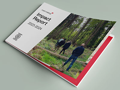 Cover of mark-making* Impact Report 2023-2024 featuring team members walking through bluebell forest, B Corp certified logo visible