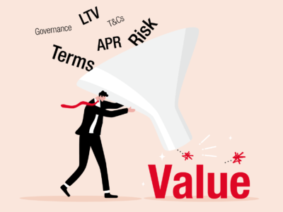 A businessman in a suit holds up a large funnel. Financial jargon including Governance, LTV, T&Cs, APR, Risk and Terms tumbles into the top, and a single bold red word, Value, emerges from the bottom.