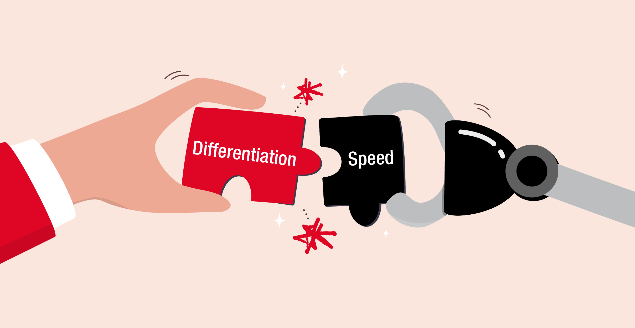 A human hand holds a red puzzle piece labelled Differentiation, about to connect with a black puzzle piece labelled Speed held by a robotic hand.