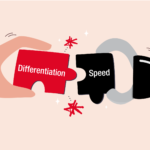 A human hand holds a red puzzle piece labelled Differentiation, about to connect with a black puzzle piece labelled Speed held by a robotic hand.