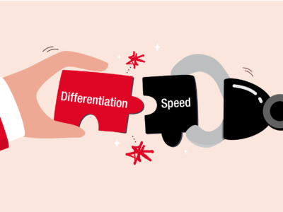 A human hand holds a red puzzle piece labelled Differentiation, about to connect with a black puzzle piece labelled Speed held by a robotic hand.