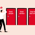 A businessman carrying a briefcase scratches his head as he faces three identical red doors, each labelled with a generic phrase: Good people, Good service, and Easy to deal with.