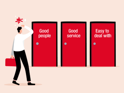 A businessman carrying a briefcase scratches his head as he faces three identical red doors, each labelled with a generic phrase: Good people, Good service, and Easy to deal with.