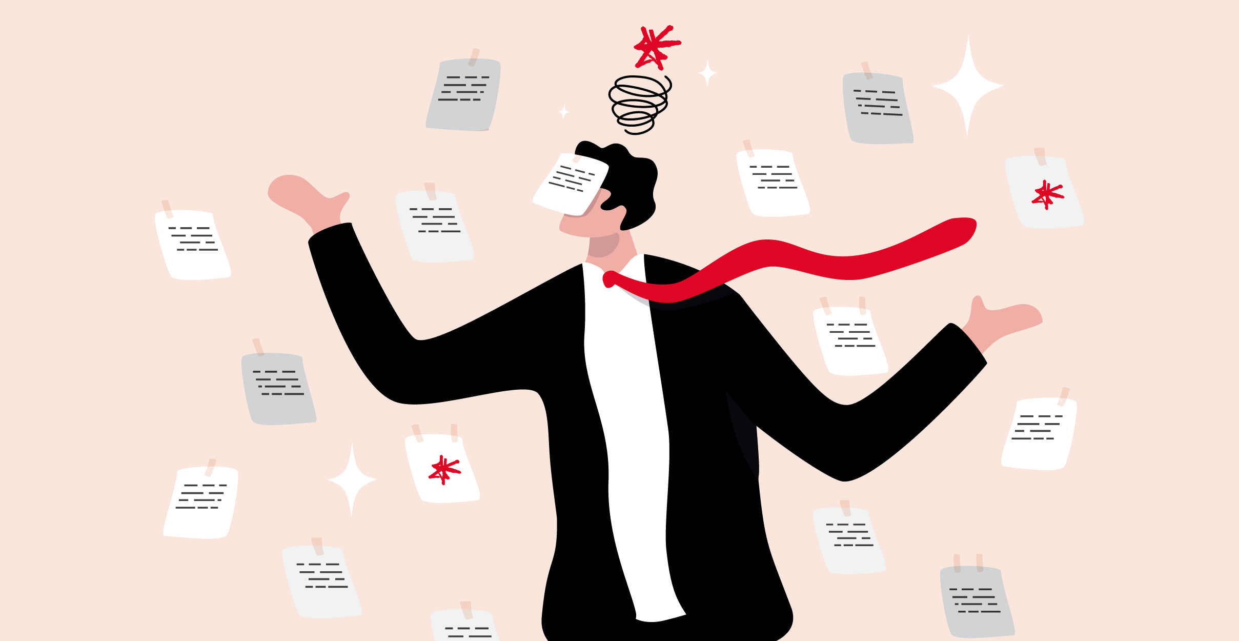 Illustration of a man in a suit surrounded by scattered pinned notes, arms open and a red scribble above his head, looking overwhelmed.