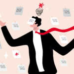Illustration of a man in a suit surrounded by scattered pinned notes, arms open and a red scribble above his head, looking overwhelmed.